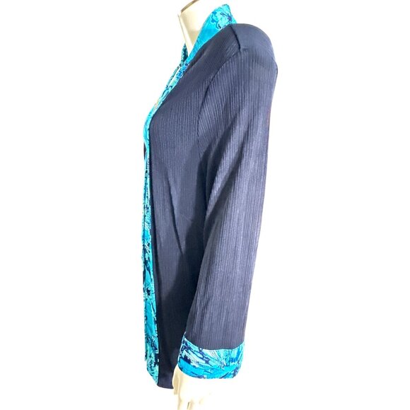 TanJay Size 2X Vintage Black Blue Abstract Trim Jacket Open Front Stretch Travel - Picture 3 of 8